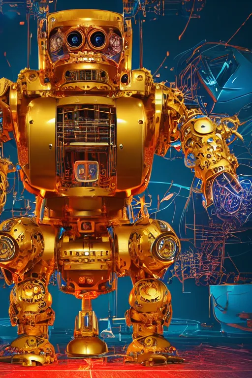Prompt: portrait photo of a giant huge golden and blue metal steampunk robot with gears and tubes, robot is made of vaccuumcleaner, on the wet floor are mop and bucket, eyes are glowing red lightbulbs, shiny crisp finish, 3 d render, 8 k, insaneley detailed, fluorescent colors, background is multicolored lasershow