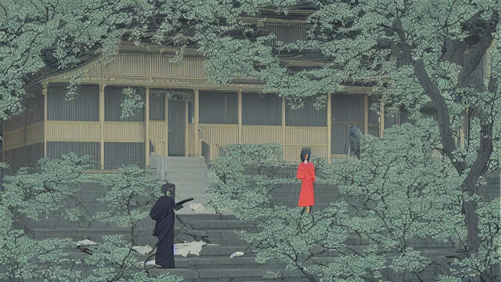 Image similar to I need to hire a bodyguard to protect me. It costs half of my salary , screen print by Kawase Hasui and dan hillier, rendered in octane render 32k