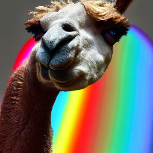 Prompt: rainbow llama watching tv