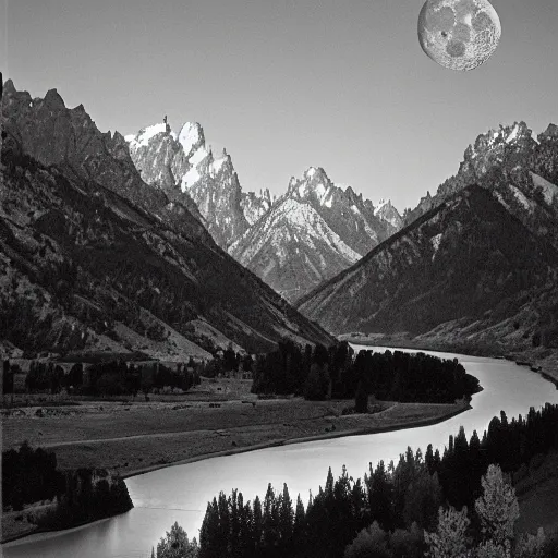 Image similar to the moon above the tetons and the snake river, by ansel adams,