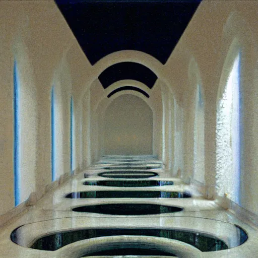 Prompt: Beautiful Fuzzy wide-eye-lens 15mm, harsh flash, cameraphone 2002, Photograph of an tiled infinite foggy liminal pool hallway with archways and water on the floor