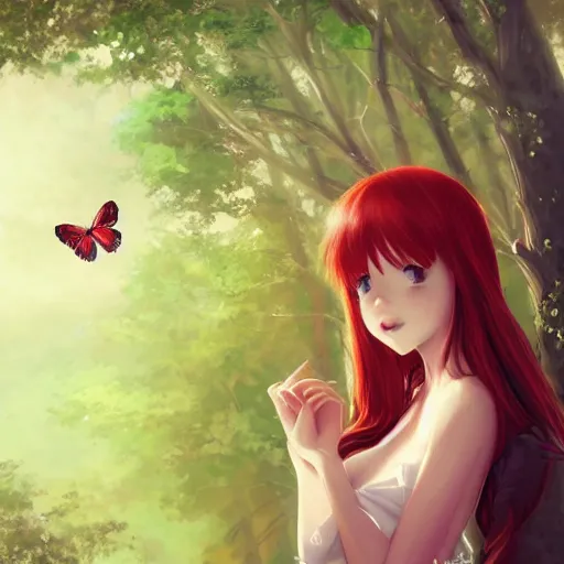 Prompt: a girl, white sundress, red hair, yellow butterflies, forest background, anime art, smooth, hd, pixiv, artstation