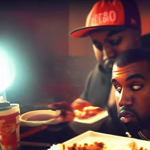 Image similar to blurry, gopro footage of kanye west eating at taco bell, cinematic, volumetric lighting, night, rain