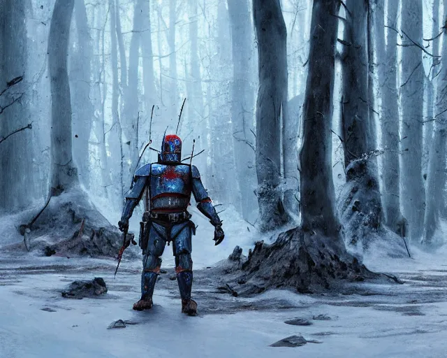 Image similar to jango fett is surrounded by 2 0 dead corpses bodies with blood on the ground in a snow forest, concept art highly detailed, great cinematic lighting, octane render, 8 k, depth of field, 3 d, art by greg rutkowski, trending on artstation, cinematographic shot