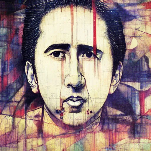 Prompt: yoshitaka amano blurred and dreamy realistic three quarter angle portrait of a nicolas cage, junji ito abstract patterns in the background, satoshi kon anime, noisy film grain effect, highly detailed, renaissance oil painting, weird portrait angle, blurred lost edges
