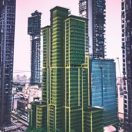 Prompt: “establishing shot of an isolated arasaka tower in Neo-Tokyo. Taller than any other building nearby. 2077 Akira. Photo taken in the style of Wes Anderson 8k”