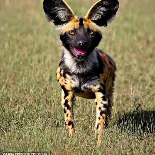 Image similar to Look at this african painted dog with his huge radar ears- positively fluffsome all around and no doubt prone to rambunctiousness. I suspect he is to be engaged in mischief soon.