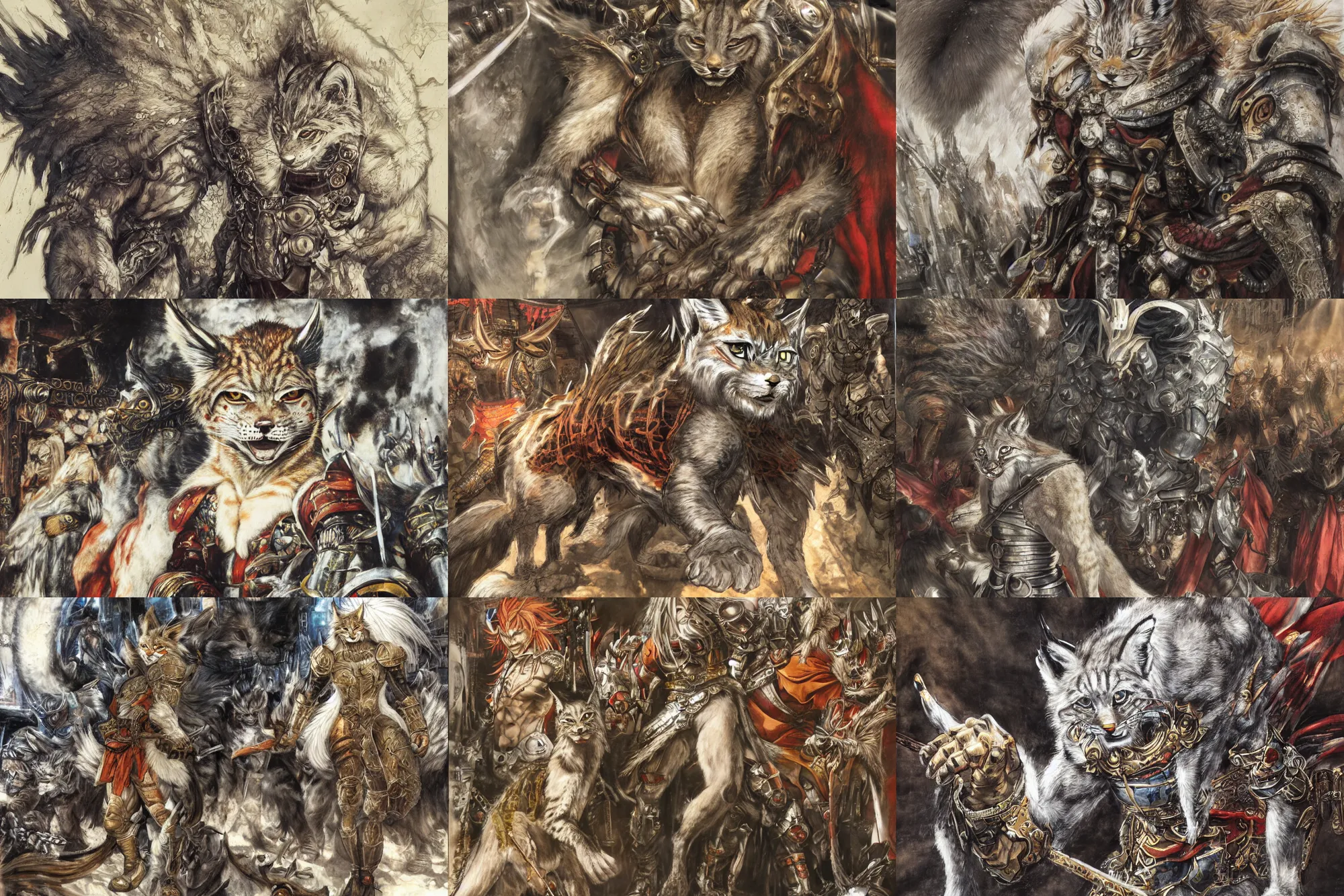 Image similar to 8k Yoshitaka Amano painting of upper body of a young cool looking lynx beast-man with white mane at a medieval market at windy day. Depth of field. He is wearing complex fantasy armors. He has huge paws. Renaissance style lighting.