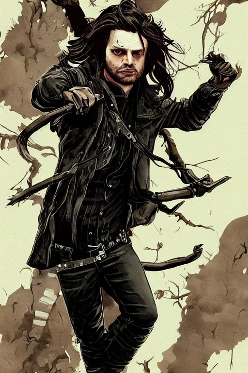 Prompt: sebastian stan in sleepy hollow, full body, big two toned eyes, teeth gritted, horror, intricate details, cinematic, epic, realistic, anatomy, tomer hanuka, uplight, artstation, photorealistic, scary