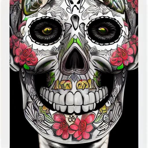 Prompt: A highly stylized digital HD photorealistic rendering of the face of a tattooed Day of the Dead skull smiling head and shoulders three-quarters view, with flowers, intricate patterns on face, on a poster promoting AI art