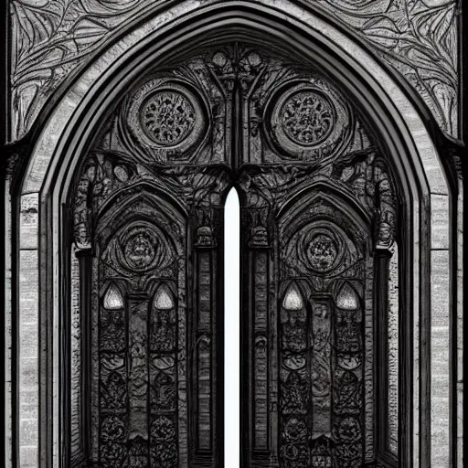 Image similar to portal double doors with a big face carved in the center. gothic medieval baroque. black iron. symmetry. epic. ominous shapes. trending on artstation