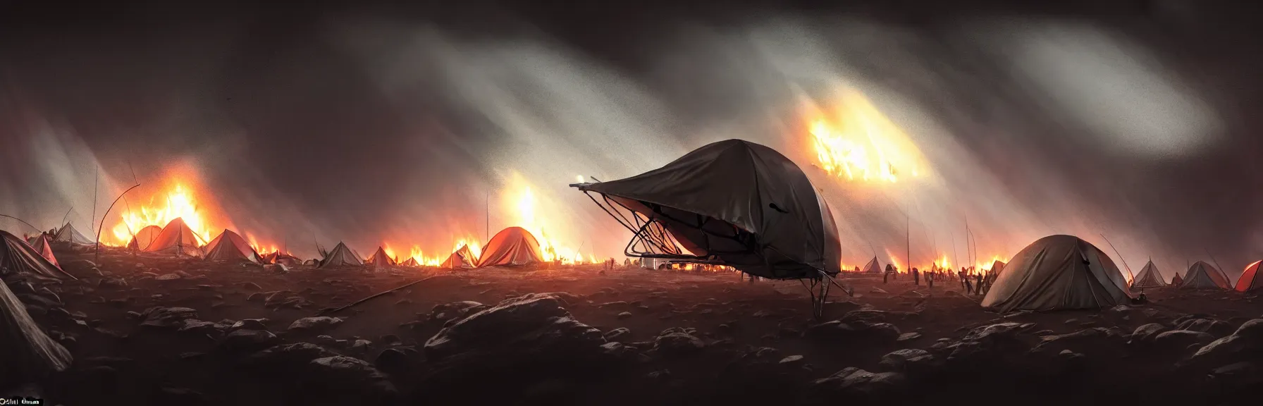 Image similar to You step out of the tent and are about to start running when it suddenly gets incredibly bright, Tents are on fire. you hear screams You look up, Mighty zeppelins hover in the sky above you, cruise missile strikes, a little further away, a camp is bombarded from the air, intricate and epic concept art, highly detailed, 8k, cinematic
