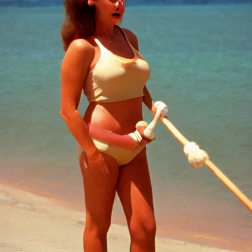 Image similar to 1981 woman on tv show wearing a squishy inflatable prosthetic mask long stick nose, soft color wearing a swimsuit at the beach 1981 color film 16mm holding a an inflatable animal Fellini John Waters Russ Meyer Doris Wishman old photo