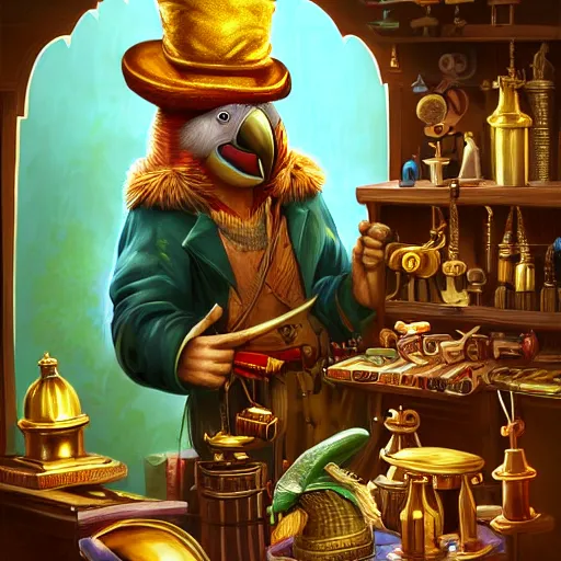 Image similar to Anthropomorphized parrot trader in his shop, selling his wares, portrait, items, gold, magic potions, carpet, window, fancy hat, sly expression , cunning expression, cute expression, long thick shiny gold beak, presenting wares, holding an item, D&D, fantasy, cinematic lighting, highly detailed, digital painting, artstation, concept art, smooth, sharp focus, illustration, warm light, cozy warm tint, magic the gathering artwork, volumetric lighting, 8k, art by Akihiko Yoshida, Greg Rutkowski