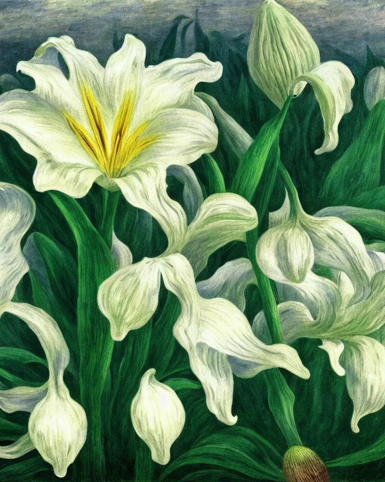 Prompt: achingly beautiful painting of one white lily on green background rene magritte, monet, and turner. piranesi. macro lens.