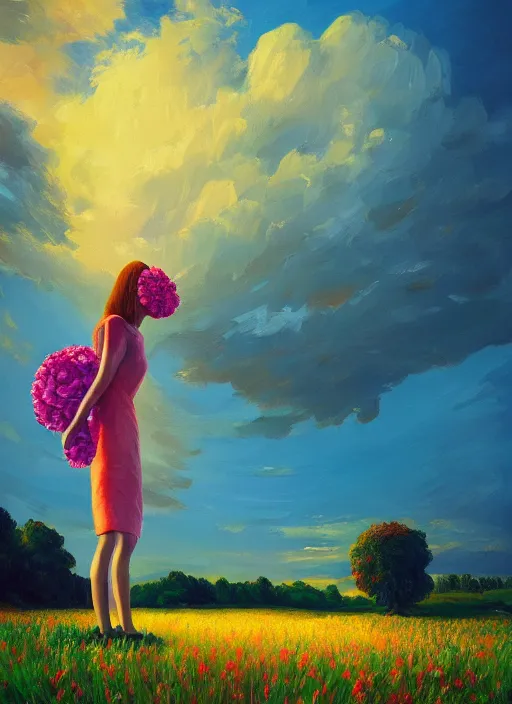 Image similar to woman with a giant carnation head, flower field, surreal photography, sunset dramatic light, impressionist painting, colorful clouds, blue sky, digital painting, artstation, simon stalenhag