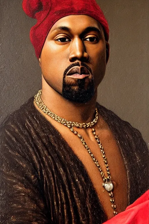 Image similar to renaissance 1 6 0 0 portrait of kanye west, oil painting by jan van eyck, northern renaissance art, oil on canvas, wet - on - wet technique, realistic, expressive emotions, intricate textures, illusionistic detail