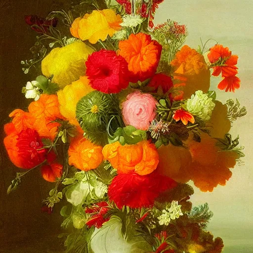 Image similar to lush floral bouquet in reds oranges yellows greens by rachel ruysch