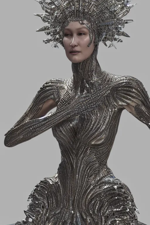 Prompt: a highly detailed metahuman 4 k render close up of an alien goddess bella hadid in iris van herpen dress schiaparelli in diamonds swarovski and jewelry in style of alphonse mucha trending on artstation made in unreal engine 4