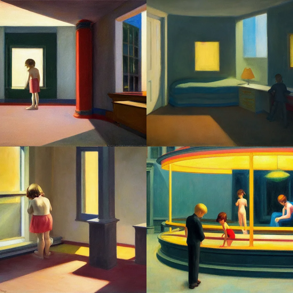 Prompt: Lost Childhood, conceptual philosophical painting by Edward Hopper, trending on ArtStation, masterpiece, artgem, 8K, super-resolution,