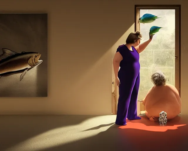 Image similar to an innocent and beautiful scene in hyper realistic style, about an fat old woman, wearing a luxurious jumpsuit, and painting a huge colorful fish on the wall, lighting from the barred window. shadows. 4 k. wide angle. wild. red mouth, blue eyes. deep focus, lovely scene. ambient occlusion render. unreal engine.