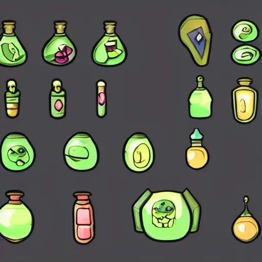 Image similar to video game icon of a potion, concept art, ref sheet, icon sketches for a video game of a potion