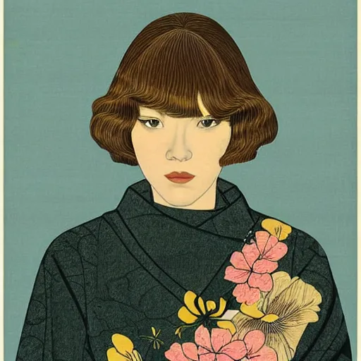 Image similar to “ lea seydoux portrait by ikenaga yasunari and ayana otake and ko rakusui, 6 0 s poster, drawing, realistic, sharp focus, japanese, dreamy, nostalgia, faded, golden hues, floral clothes ”