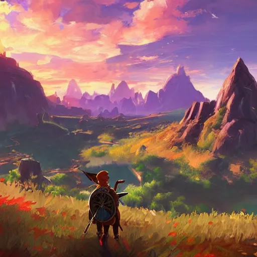 Prompt: oil painting breath of the wild landscape, mountain in the background. beautiful, rpg, dnd, artstation, artgerm, disney, pixar