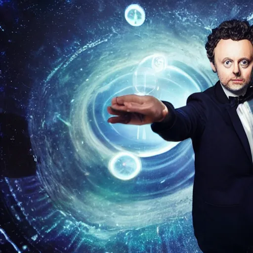Image similar to a beautiful full body photograph of michael sheen as'doctor who ', time vortex in the background, detailed face, symmetrical face, extreme realism and detail, 8 k, completely framed, direct lighting, 3 5 mm photo, photorealistic, sharp focus