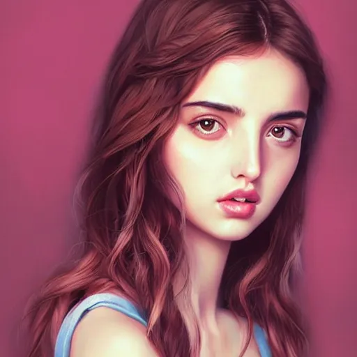 Image similar to a beautiful scenic painting of a beautiful young woman that looks like ana de armas by artgerm and wlop and wes anderson and spike jonze