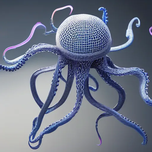 Prompt: complex floating abstract 3 d object in frontal view, ultra rendered extreme realism and detail, 8 k, highly detailed, realistic, pbr, oktane render, biomorphic, symmetrical, looks like a futuristic octopus,