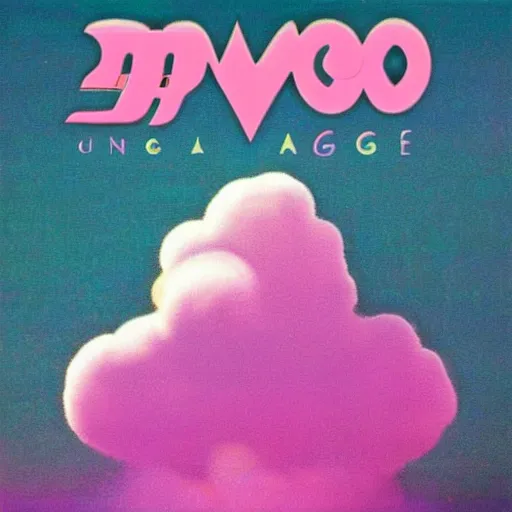 Prompt: 8 0 s new age album cover depicting a fluffy pink cloud in the shape of waluigi, very peaceful mood