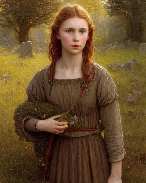 Prompt: a well - lit, realistic portrait painting of a thoughtful girl resembling a young, shy, redheaded irish alicia vikander or millie bobby brown wearing peasant dress in moss - covered ancient stone cemetery at sunset, highly detailed, intricate, concept art, artstation, by donato giancola, ron cobb, and william adolphe bouguereau