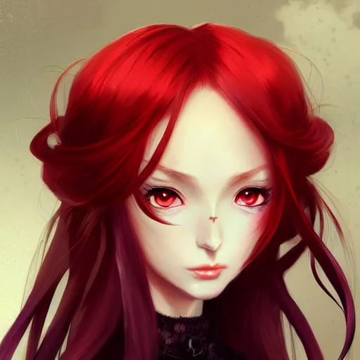 Image similar to facial portrait of a young pretty anime woman, long red hair, dark eyes, gothic eyeliner, character concept art, headshot, Charlie Bowater, Anna Dittmann, WLOP, Rumiko Takahashi, Akihiko Yoshida, Hyung-tae Kim, alexander mcqueen, trending on Artstation