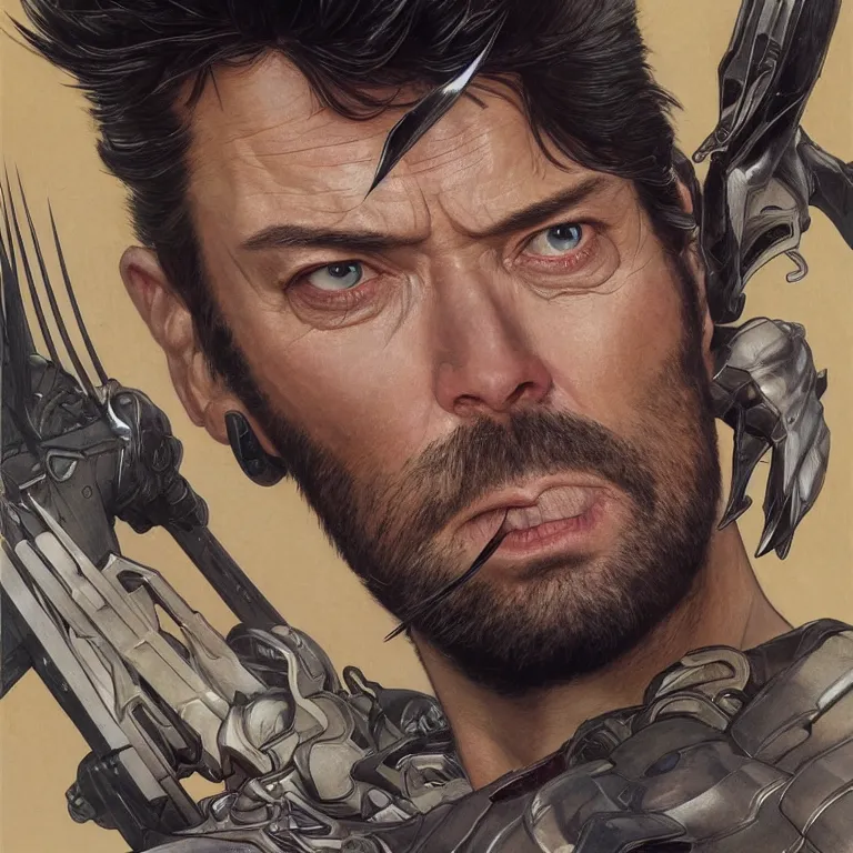 Image similar to Karl Urban as Wolverine, highly detailed, digital painting, artstation, concept art, smooth, sharp focus, illustration, ArtStation, art by artgerm and greg rutkowski and alphonse mucha and J. C. Leyendecker and Edmund Blair Leighton and Katsuhiro Otomo and Geof Darrow and Phil hale and Ashley wood and Ilya repin and Charlie Bowater