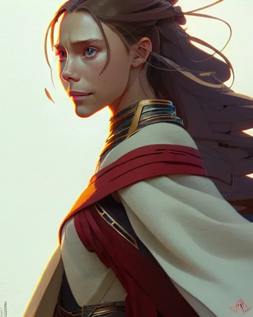 Image similar to azctec warrior, elizabeth olsen, detailed perfect face, exquisite details, fire magic, mid view, design on a white background, by studio muti, greg rutkowski makoto shinkai takashi takeuchi studio ghibli