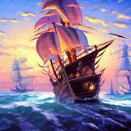 Prompt: A painting of a pirate ship by Thomas Kinkade in the style of Studio Ghibli