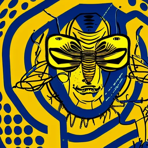 Image similar to human man that resembles a wasp morh in surreal sketch style, blue and yellow gradient, noise, ultrafine detail, hd 8k, logo illustration