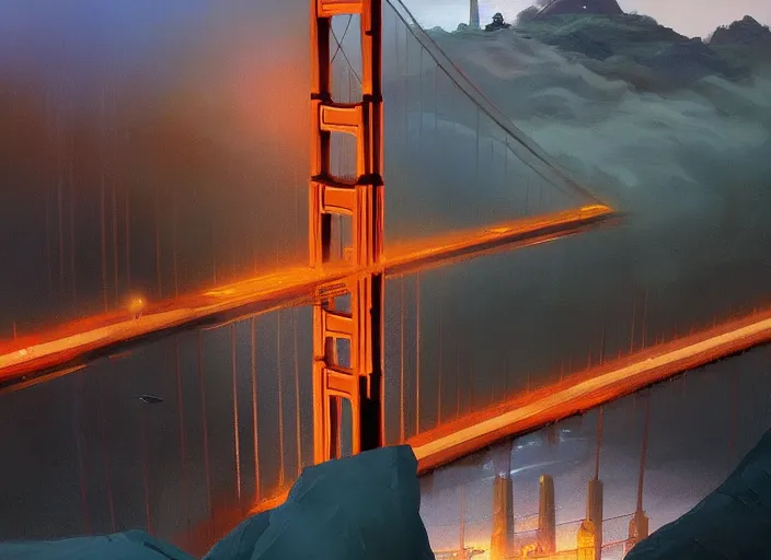 Image similar to san francisco golden gate scenery, unreal engine fantasy art by greg, loish, rhads, ferdinand, knab tom bagshaw, makoto shinkai