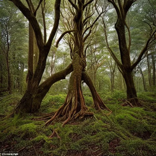 Image similar to spectacular, fantastic, spuky, fabulous tree standing in a thickly vegetated, sombre forest in a fantasy world, dreamlike light incidence, sunraise, ultrarealistic, eerie, onimous