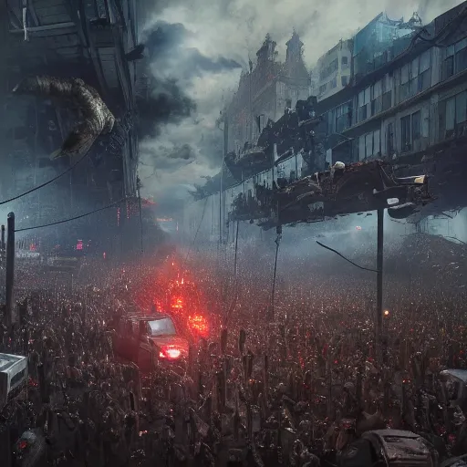 Image similar to truck stampede by Greg Rutkowski, Sung Choi, Mitchell Mohrhauser, Maciej Kuciara, Johnson Ting, Maxim Verehin, Peter Konig, Bloodborne, macro lens, 35mm, 8k photorealistic, cinematic lighting, HD, high details, atmospheric