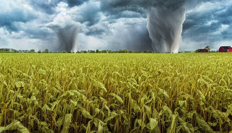 Image similar to a tornado rips through a farm field, digital art, highly detailed, realistic, bright colors, 8 k