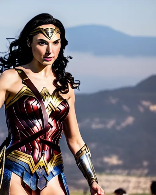 Image similar to gal gadot as wonder woman, at the 2 0 0 - meter starting line, ancient greek olympic trials, mount olympus can be seen off in the distance, sports photography in the style of neil leifer, no dof