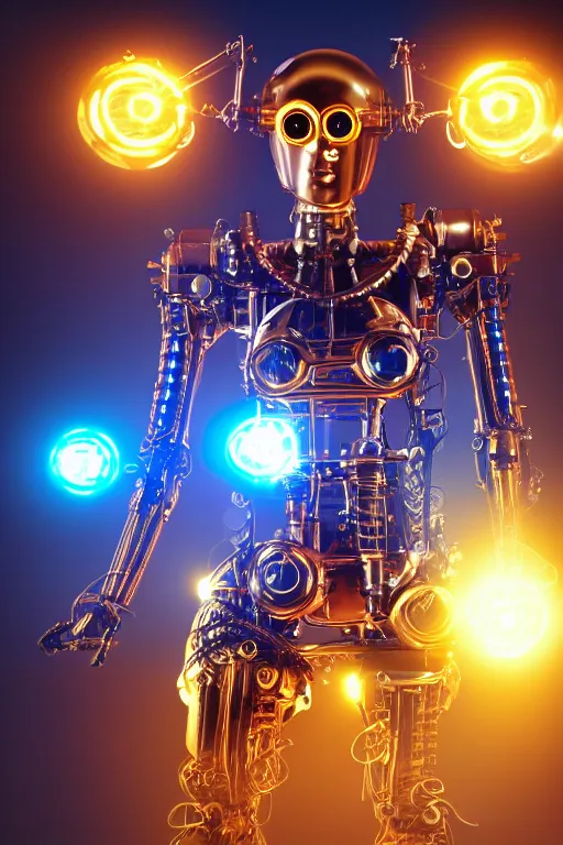 Image similar to portrait photo of a giant huge golden and blue metal humanoid steampunk robot female singer with a human face and gears and tubes, in the foreground is a big red glowing microphone, eyes are glowing red lightbulbs, shiny crisp finish, 3 d render, 8 k, insaneley detailed, fluorescent colors, background is multicolored lasershow