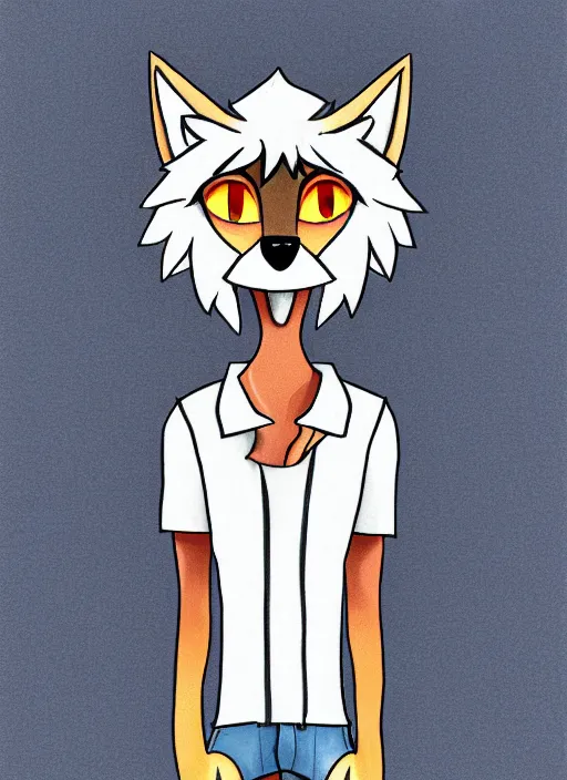 Image similar to expressive stylized master furry artist digital colored pencil painting full body portrait character study of the wolf ( sergal ) small head big eyes toon fursona animal person wearing clothes jacket and jeans by master furry artist blotch