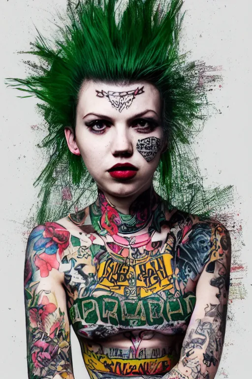 Image similar to upper body portrait hannah murray as a punk woman with green mohawk, covered in neotraditional style tattoos, wearing a bold tees shirt, fishnets and a long tartan skirt, intimidating, max details, hyperrealistic, photorealistic, ultra - realistic, ultra - detailed, cinematic, 8 k resolution by alan lee