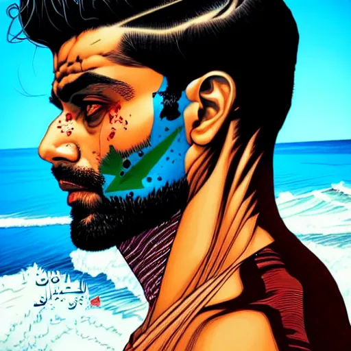 Image similar to a portrait of a pakistani man with side profile blood in ocean intricate details by MARVEL comics and Sandra Chevrier-C