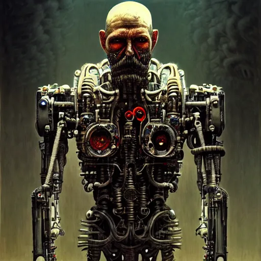 Prompt: ultra realist intricate detailed horror painting of a single rugged cyborg male, bearded face and cyborg tech on body and legs, symmetry accurate features, cyberpunk, industrial, apocalyptic, very intricate details, focus, high resolution, 8 k resolution, dramatic lighting, artstyle alex ries and zdzisław beksinski, award winning