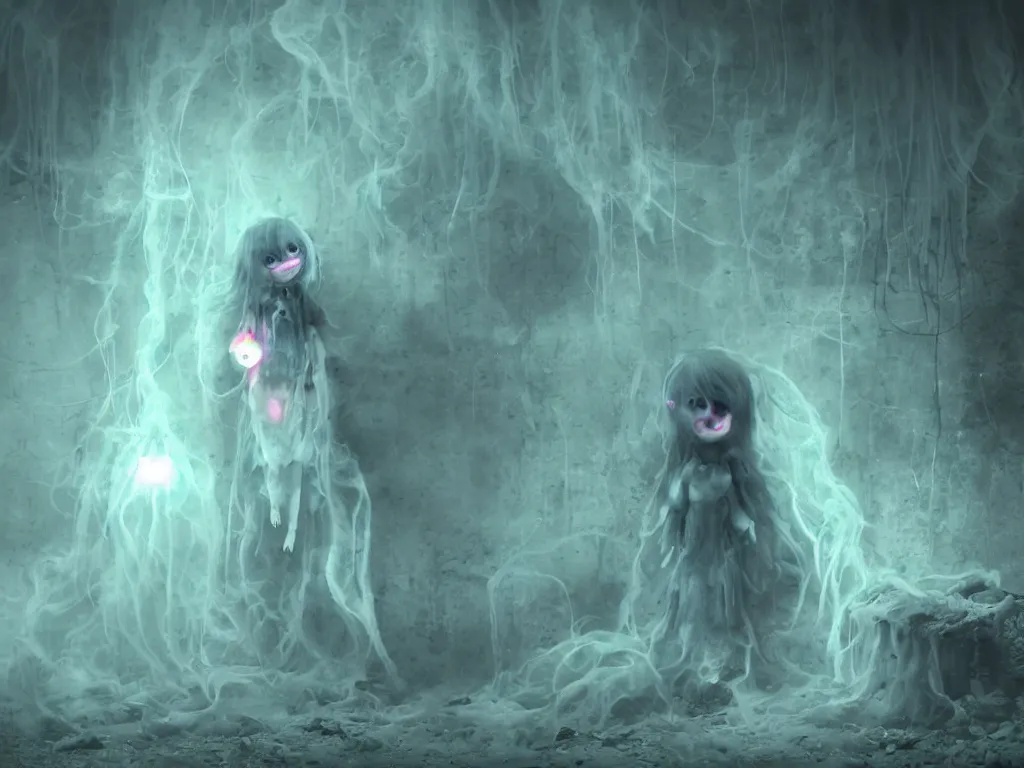 Prompt: cute fumo plush smiling ectoplasmic jellyfish ghost girl lingering in a mysterious concrete organic ruin, technicolor horror, chibi gothic maiden in tattered melting rags, glowing wisps of hazy green smoke and eerie blue volumetric fog swirling about, moonlight, glowing lens flare, vray