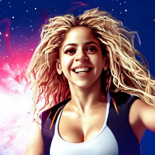 Image similar to of a closeup photo of shakira as a hero sci fi space cosmonaut in a nice action pose, there is an explosion on the background, lighting her with a rim light, she is laughing, f 2. 8, advertising studio lighting,